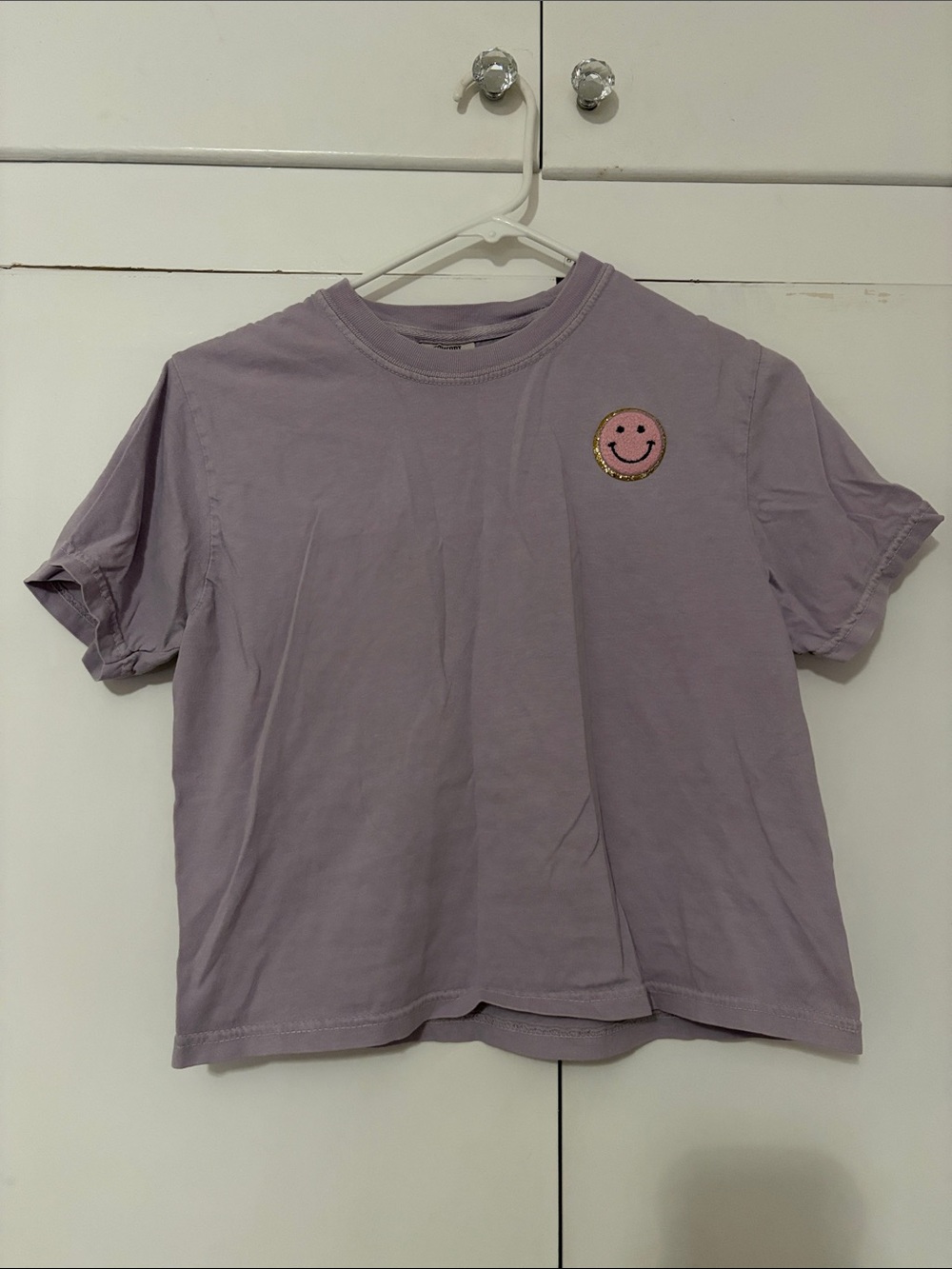 Comfort Colors Lavender Short Sleeve Tee with Pink Smiley Patch